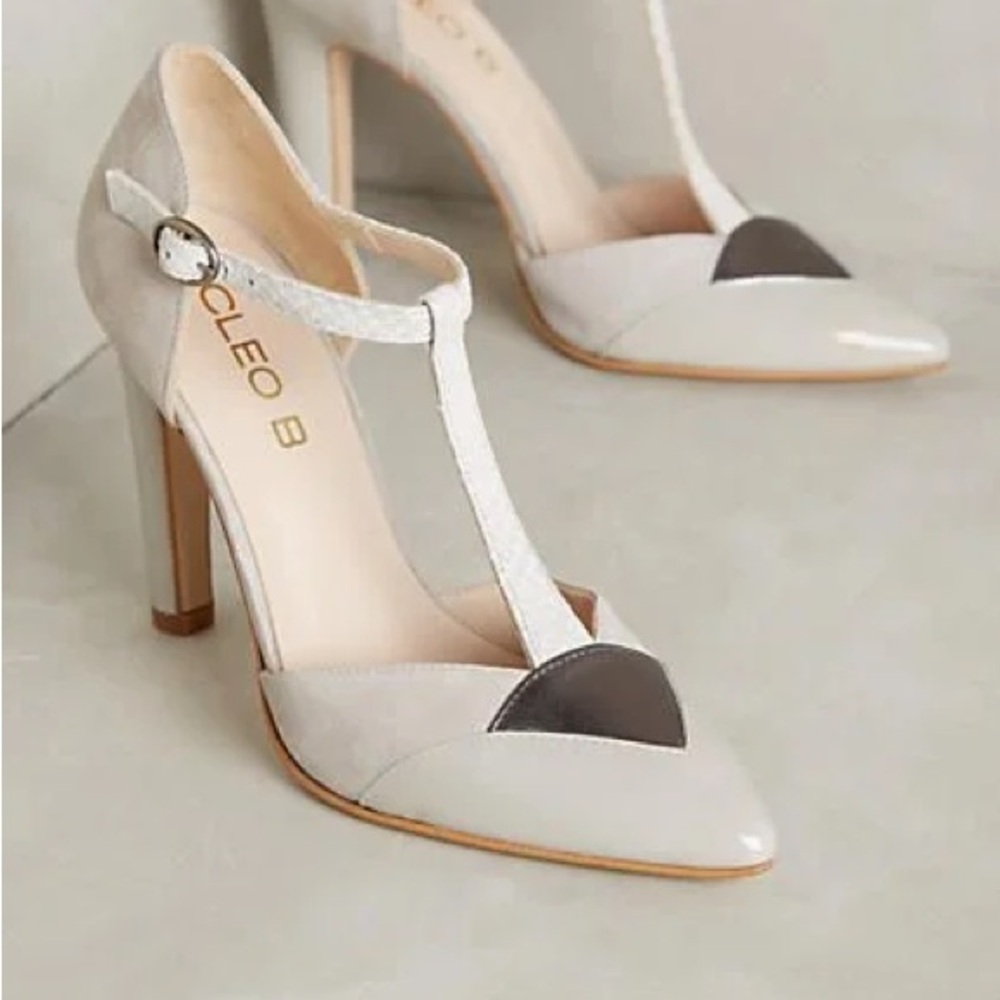 Cleo B x Anthropology collab Elegant Gray and White T-Strap Heels